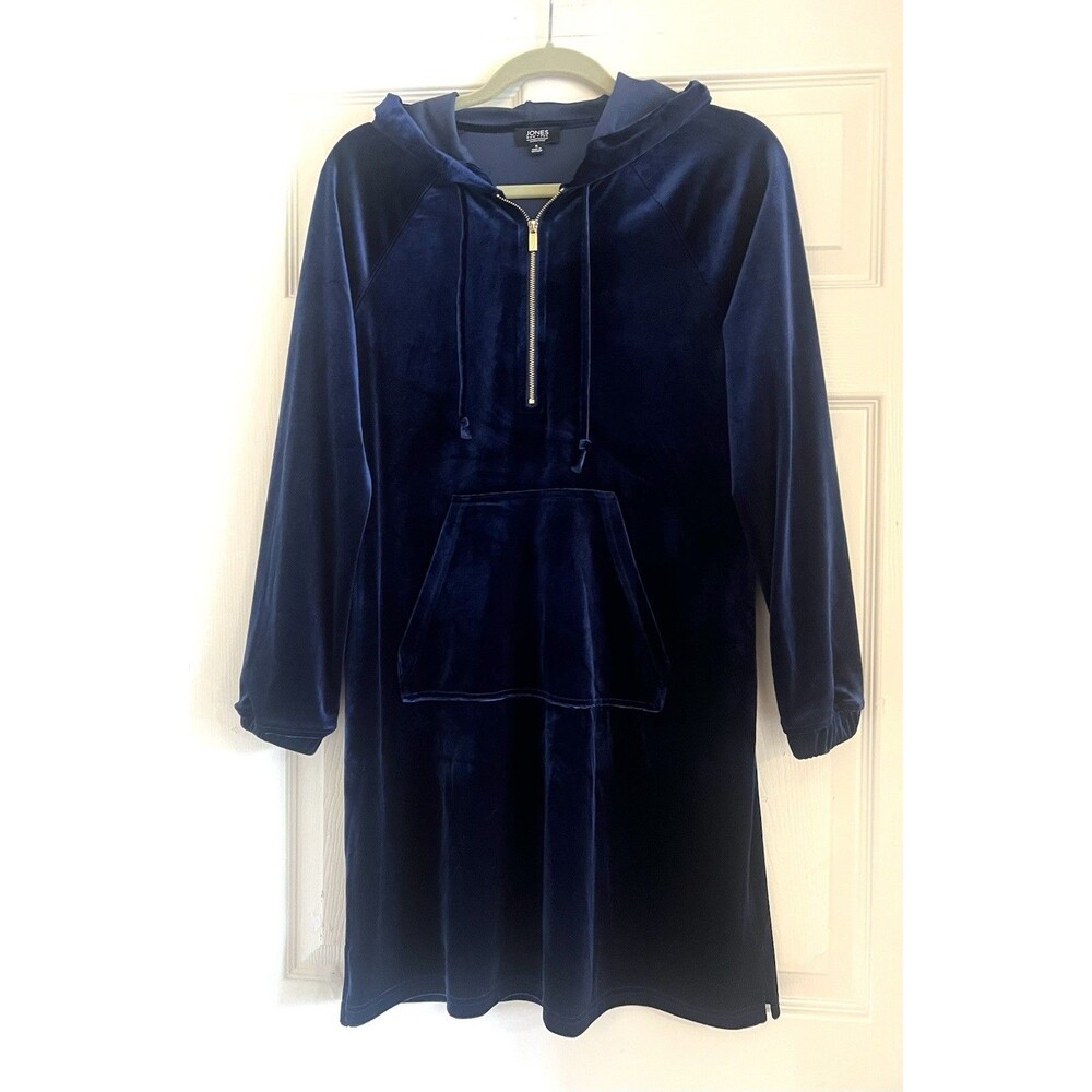 Jones New York Sport Plush Velour Tunic Dress Sz S Navy Blue 1/4 Zip Hooded EUC